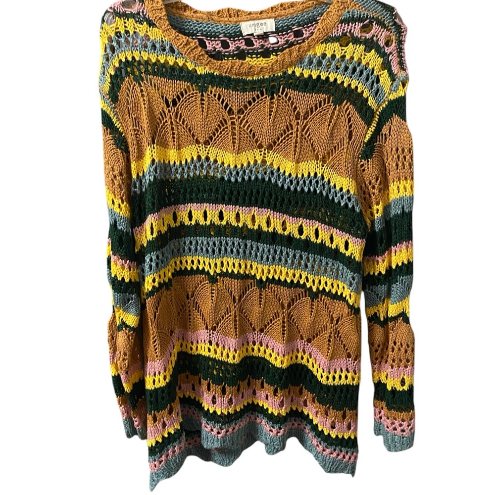 Umgee Gold Stripe Open Crochet Scallop Hem Crewneck Sweater Small Hobo Retro